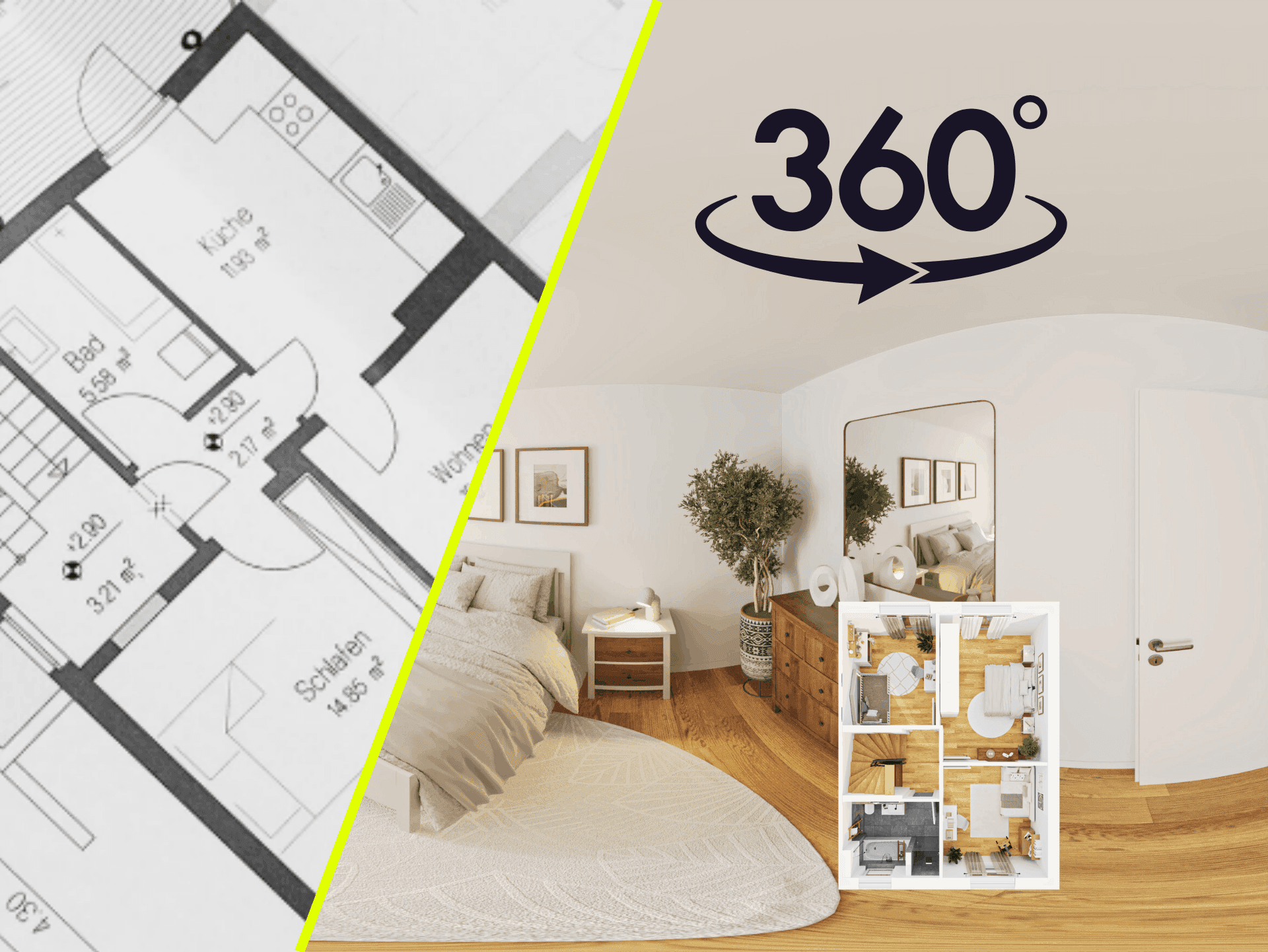 Symbolbild für einen virtuellen 360-Grad-Rundgang und digitales Home Staging. Die Panorama-Visualisierung zeigt ein helles, modern eingerichtetes Schlafzimmer mit Doppelbett, Holzfußboden und stilvoller Dekoration. Ein auffälliges gelbes 360°-Symbol verdeutlicht die interaktive Rundum-Ansicht. Zusätzlich ist in der unteren rechten Ecke ein detaillierter 3D-Grundriss der gesamten Wohneinheit aus der Vogelperspektive eingeblendet.