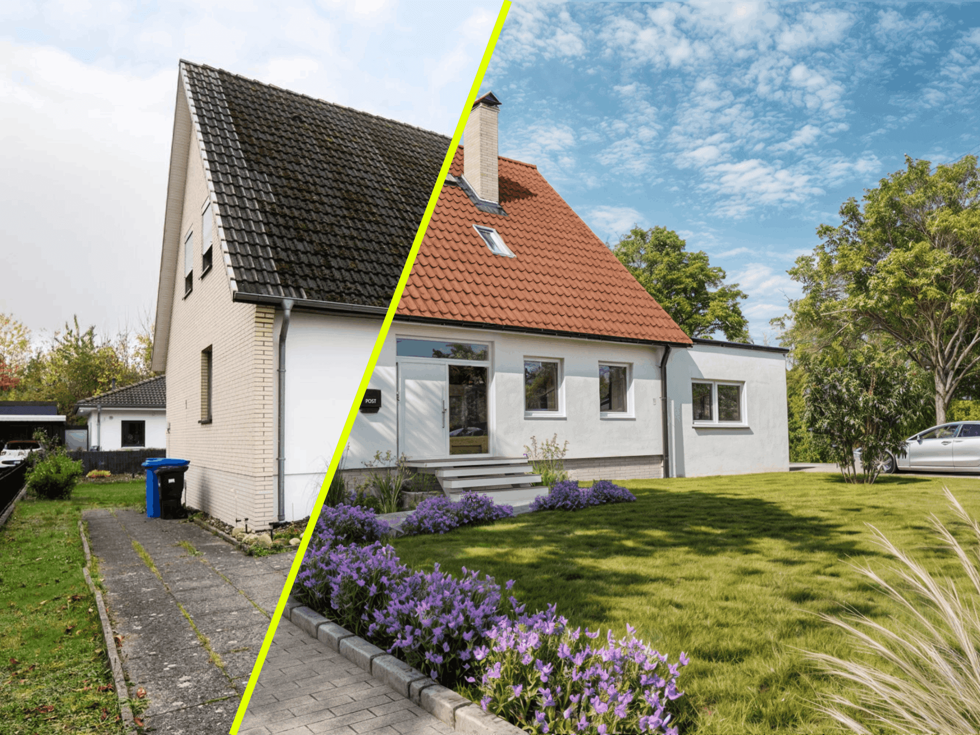 Vorher-Nachher-Vergleich einer virtuellen Renovierung und eines Außen-Stagings: Die linke Bildhälfte zeigt ein unsaniertes Einfamilienhaus mit veralteter Fassade, verwittertem Dach und einfachem Pflasterweg. Die rechte, durch eine markante gelbe Linie getrennte Seite präsentiert die fotorealistische 3D-Visualisierung der modernisierten Immobilie mit strahlend weißer Putzfassade, neuem rotem Ziegeldach und einer ansprechenden Gartengestaltung mit gepflegtem Rasen und lila Blumenbeeten.