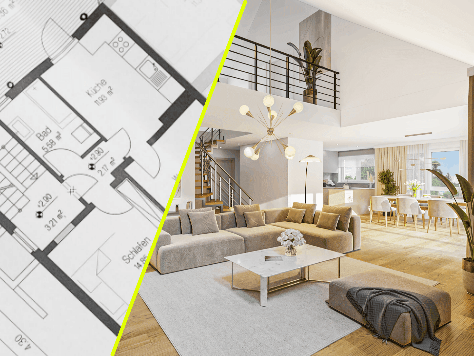 uf der linken Seite ein technischer 2D-Grundriss, auf der rechten Seite die daraus erstellte fotorealistische 3D-Visualisierung. Gezeigt wird ein luxuriöser, offener Wohn- und Essbereich mit Galerie, moderner Möblierung, heller Atmosphäre und Treppenaufgang.